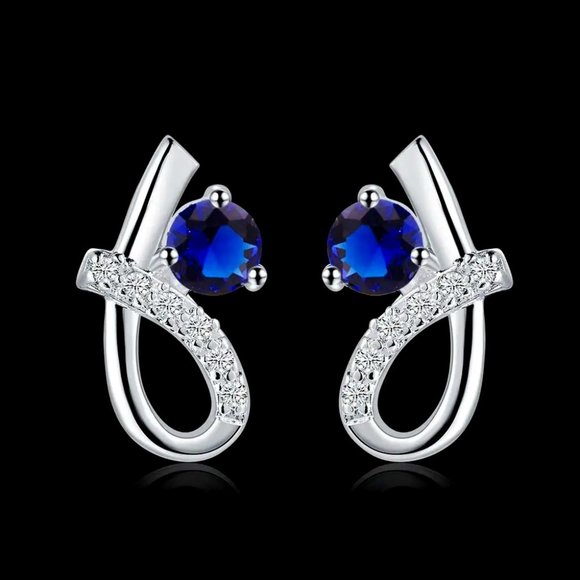 Fine Silver Jewelry - Small & Cute Sapphire and Loop Stud Earrings, 925 Sterling Silver